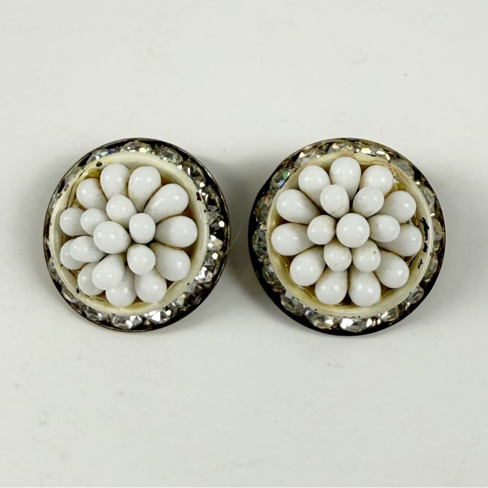Beaded Rhinestone Halo Earrings Round White Clip On